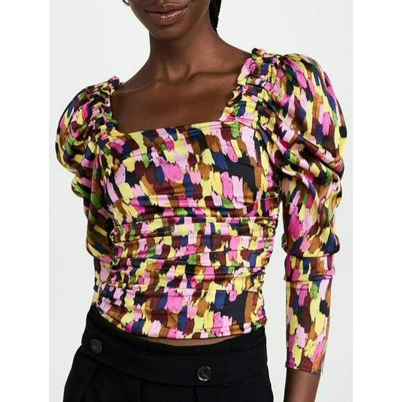 Brogger Multicolor Ruched Sleeve Blouse Colorful Art to Wear Artsy Boho Designer - Picture 1 of 16